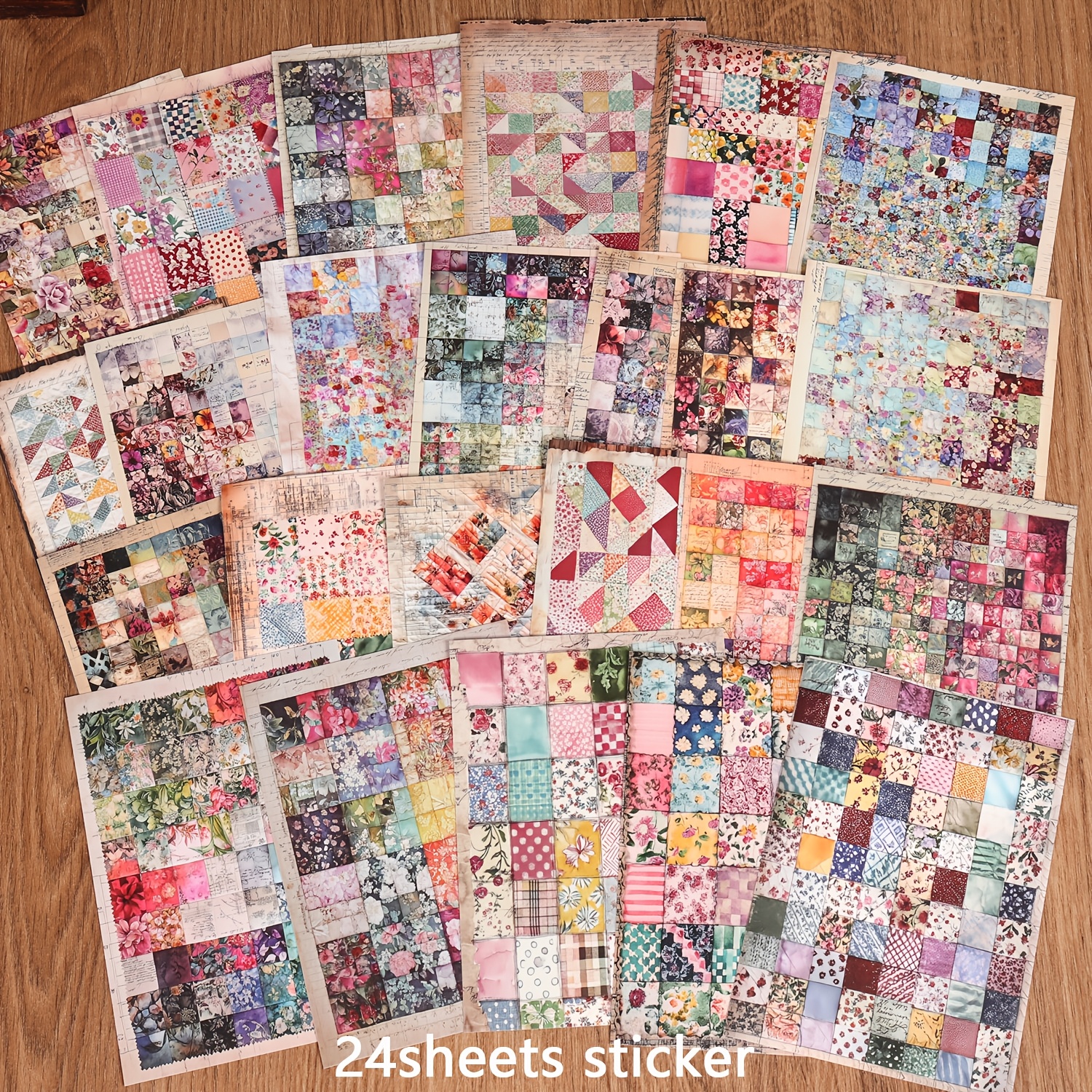 TEMU 24sheets Non-repeating Patterns Flowers Featuring Quilts Self-adhesive Backgrounds Sticker, , Crafts Decals, For Collecting And Gifting,