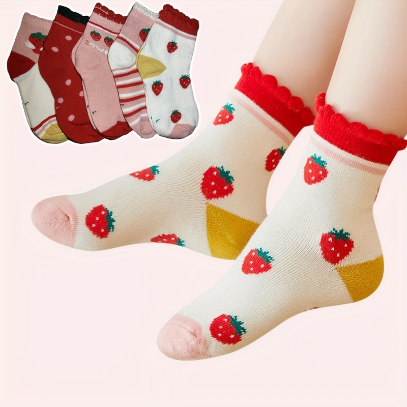 Image of 5pairs Unisex Cartoon Strawberry Dot Stripe Pattern Lace Crew Socks, Princess Cute Comfy Breathable Crew Socks For Boys And Girls Toddlers Kids