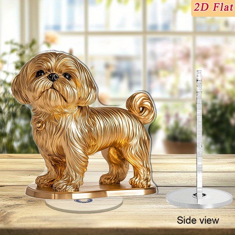 TEMU 2D Plat, Tweedimensionaal Draaibaar Gouden Shih Tzu Beeld - 2D Acryl Draaiend Bureauornament, Minimalistische Stijl Geschikt voor