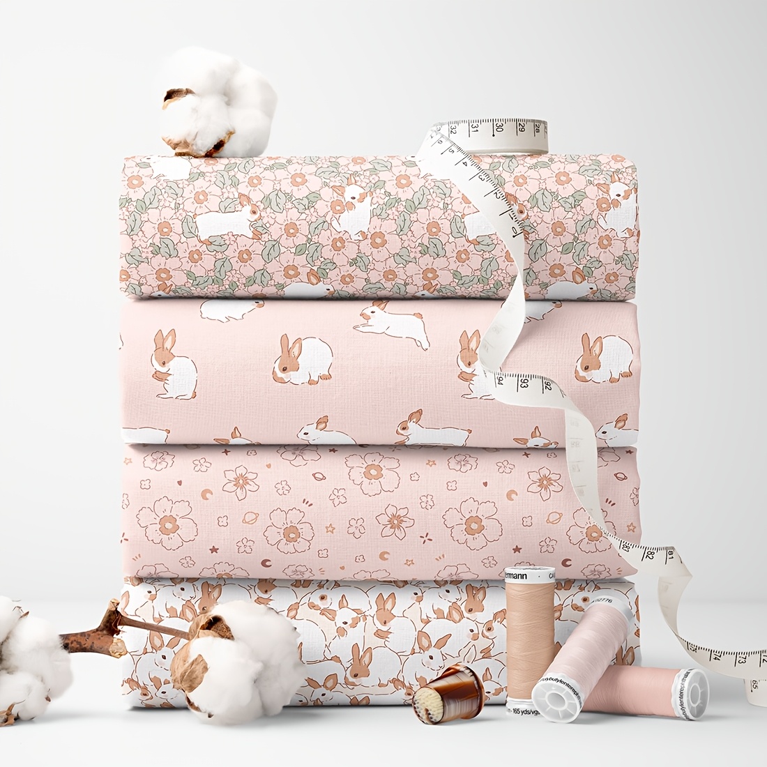 TEMU Lot de 4 tissus pré-découpés en polyester 18x22 pouces (55x45cm) avec imprimé mignons lapins, branche de fleurs, lapin, feuilles - Convient pour