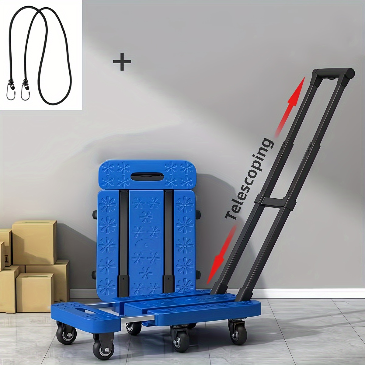 

1pc Folding Hand Truck, Heavy Duty Dolly, Portable 6 Wheels Collapsible Luggage Cart With 1 Elastic Ropes For Moving, Travel, Shopping, House Office Use, Black, Blue