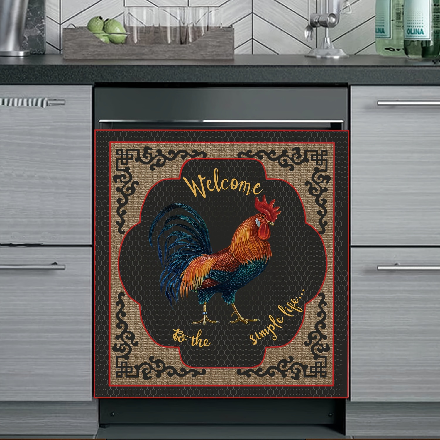 

Rustic Rooster Kitchen Decor - Vinyl Dishwasher Magnet Cover & Fridge Door Panel, Farmhouse Style Refrigerator Sticker, Easy To Trim, 23"x25.6