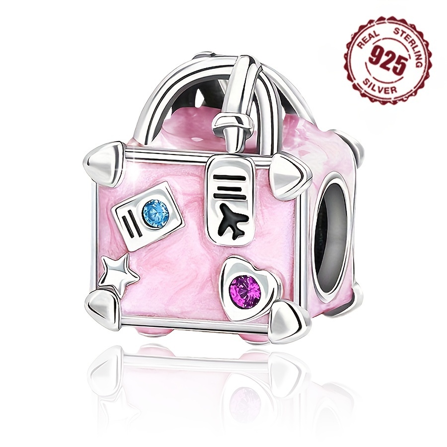 

925 Sterling Silver Travel Suitcase Charm Bead, Cute , No Plating, Synthetic Zirconia Embellished, Ideal For And Gift - Diy Fashion Jewelry Accessory For Bracelets And Necklaces