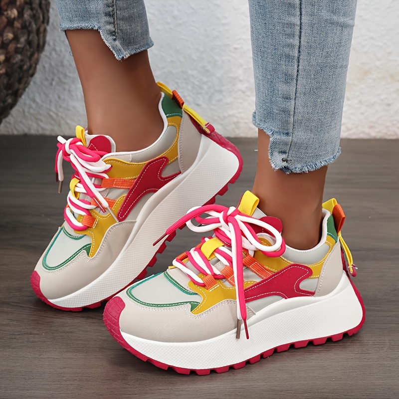 New Women's Dad Shoes 2024 Autumn Height-Increasing Casual Breathable Thick-Sole Red Color-Block Travel Versatile Shoes, Women Shoes, Sneakers