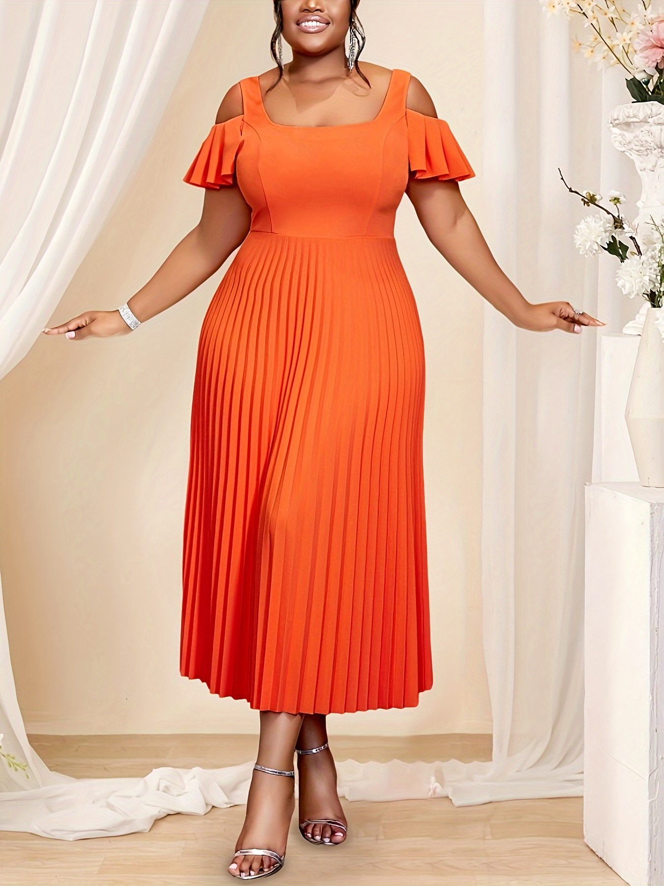 Plus Size - Plus Size - Elegant Pleated Skirt with Hollowed-Out Shoulders  And Ruffles for Ladies * Parties, Weddings, And Festive Celebrations