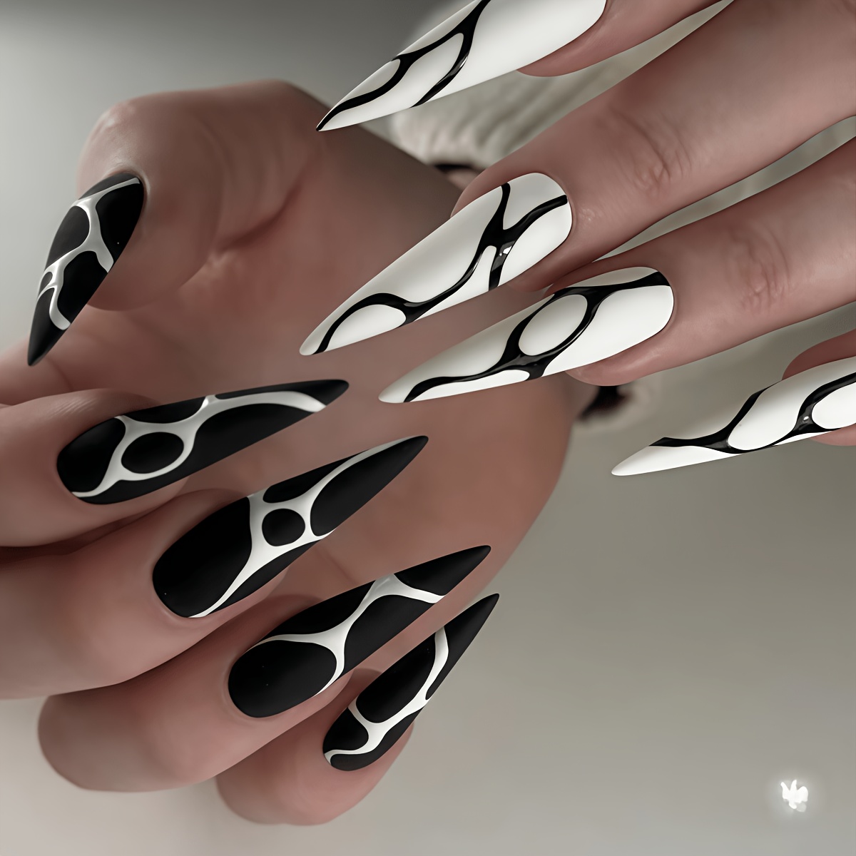 TEMU 24pcs Set Black And White Fluid Irregular Curve Hand-painted Long Stiletto Press-on Nails, Niche Art Wearable Nails, Glossy Detachable Nail Tips