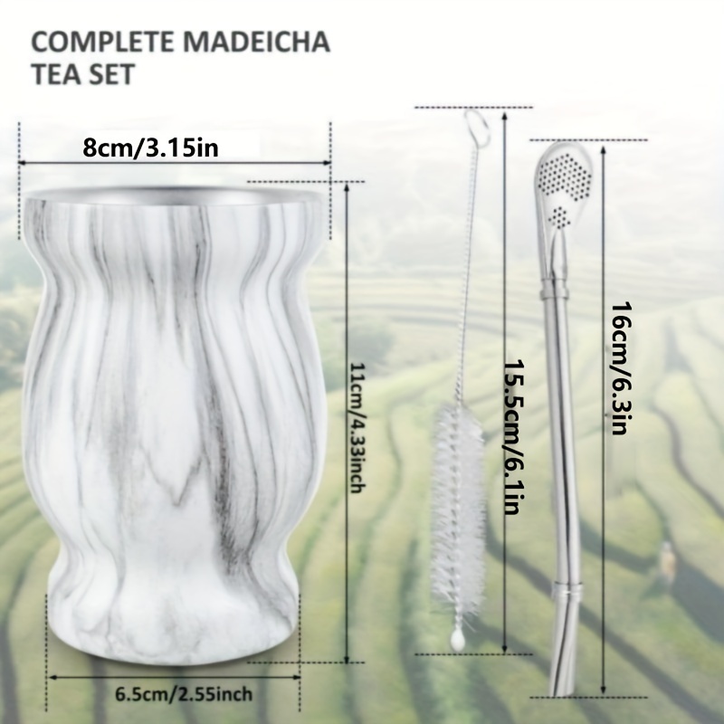 1 набор из 3 стаканов для чая из нержавеющей стали с двойной стенкой для йерба матэ с соломками и щеткой для чистки объемом 8 унций. Можно мыть вручную, многоразовые, мультифункциональные, не требуется электричество. Идеальный подарок на день рождения или День святого Валентина в розовом мраморном исполнении. 4.