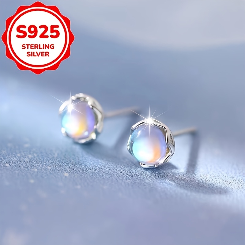 2pcs Women's S925 Sterling Silvery Moonstone Stud Earrings