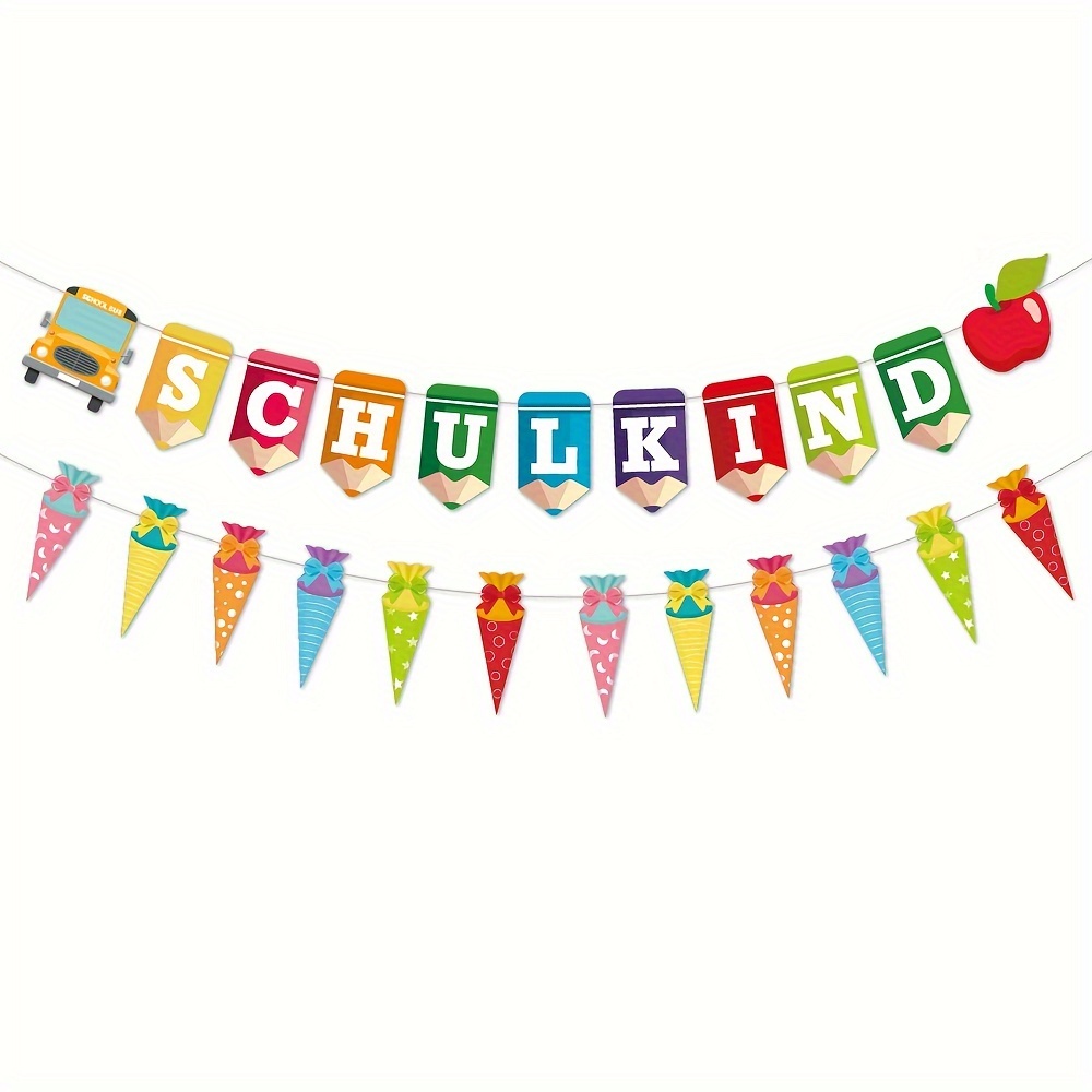 

Back-to-school Bunting Banners, 2-pack, "endlich Schulkind" Garland With Alphabet And Sugar Cone Decorations, Paper, Mixed Colors, Ideal For Classroom First Day Festivities And Entryway Display