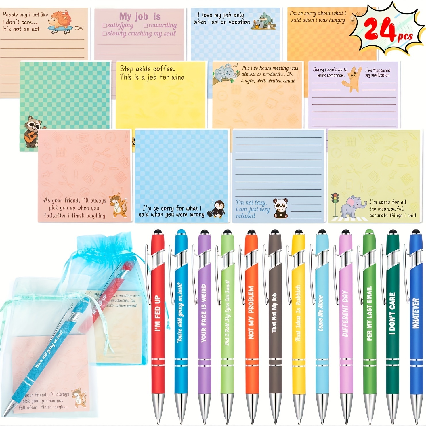 

24pcs Hilarious Ballpoint Pens & Notes Set With Organza Bags - Office Gag Gifts, Party Favors & Creative Coworker Presents