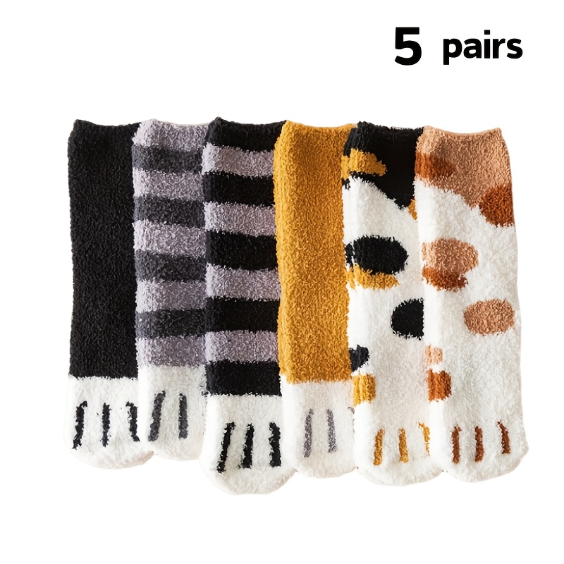 

5/20 Pairs Half-pile Socks. Warm, Soft And Comfortable Cute Paw Pattern Warm In Autumn And Winter For Sleeping A Gift Full Of Suitable For Most People