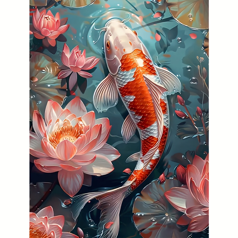 

30x40cm 5d Diy Kit, Round Diamond Art Canvas, Koi Fish & Lotus Flowers Animal Theme, Paint By Numbers Set, For Living Room, Bedroom, Office, With Creative For Adults