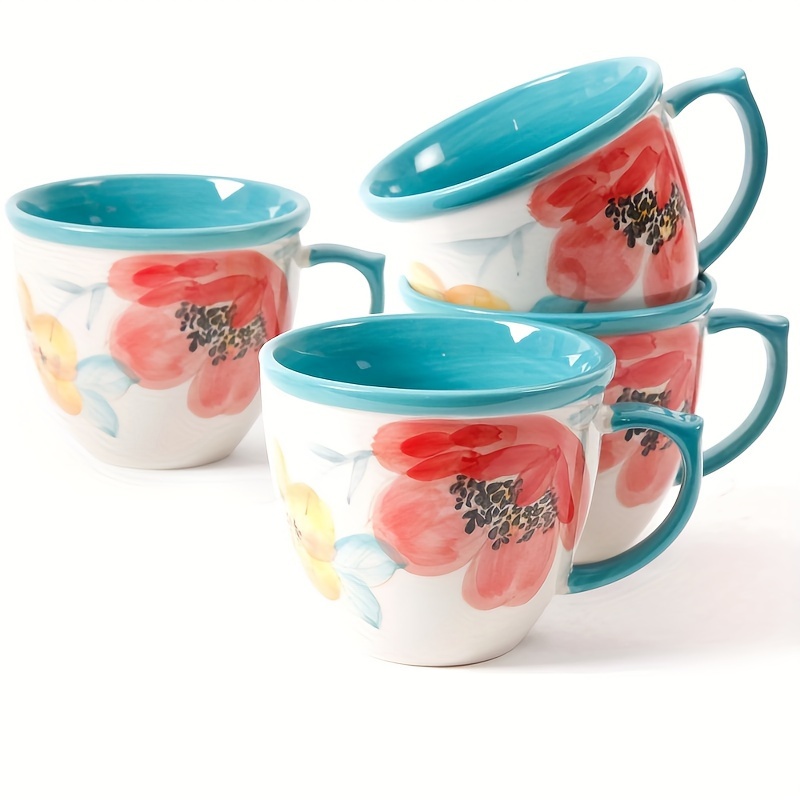 

4pcs Turquoise Ceramic Coffee Mug Set - 16-ounce Each - Floral Pattern