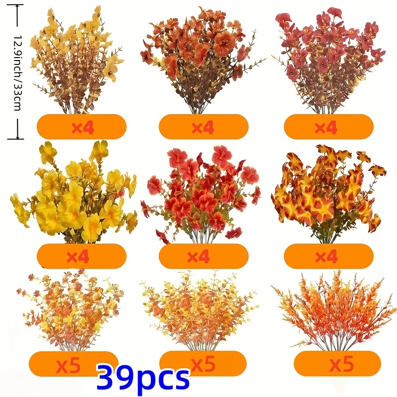 TEMU 39pcs Set Of Artificial Flowers, Suitable For Autumn Outdoor Decor. Artificial Plants Feature Uv-resistant And Are Fade-resistant. Suitable For