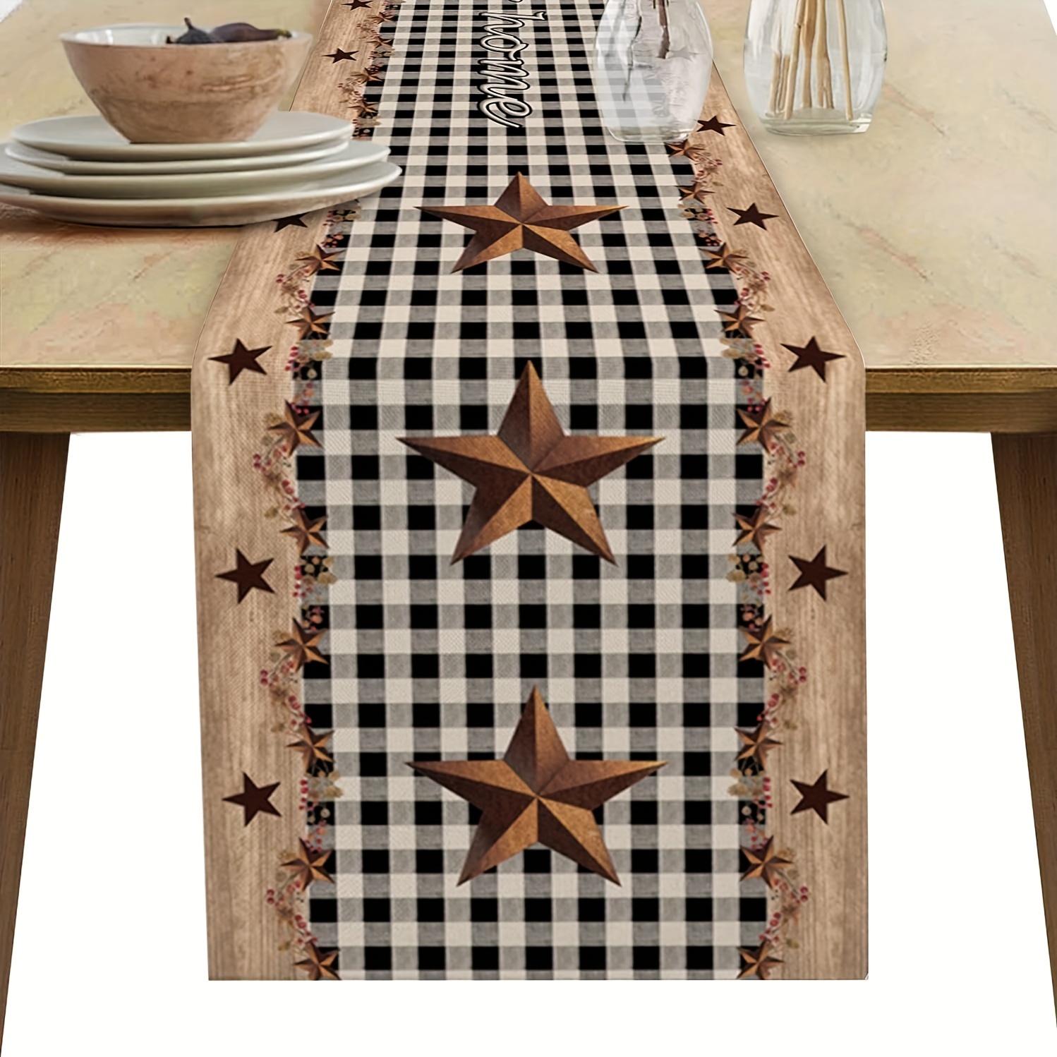 

Polyester Knit Fabric Table Runner - Farmhouse Style Vintage Country Star Black Plaid - Decorative Rectangle Dining Cloth For Dinner Party, Wedding, Home Decor - 1pc