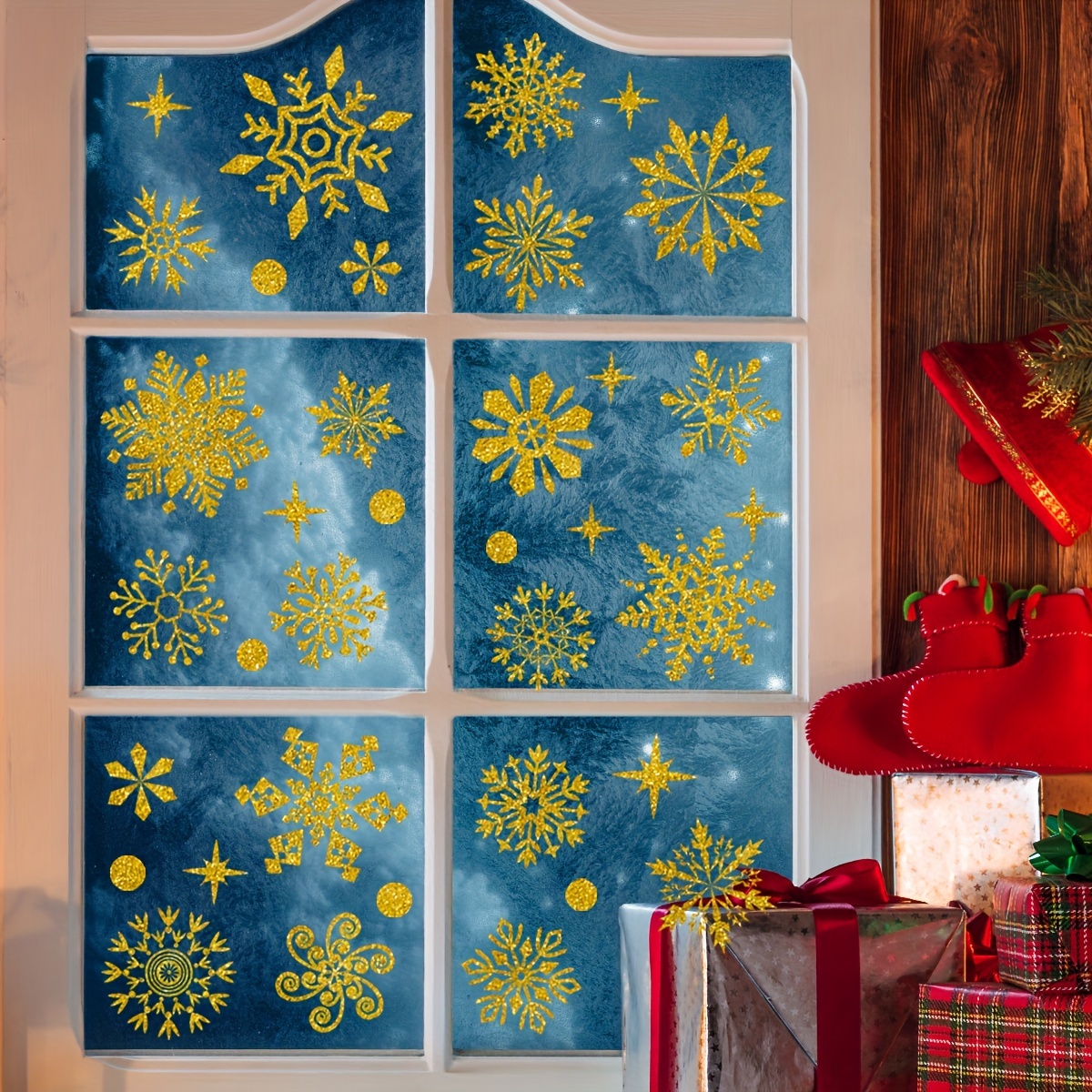 

Christmas Golden Snowflake Window Clings 3-pack, Static Double-side Visual Decals For Living Room, Bedroom, Bathroom Glass Decoration, 20x30cm Each - Other Material