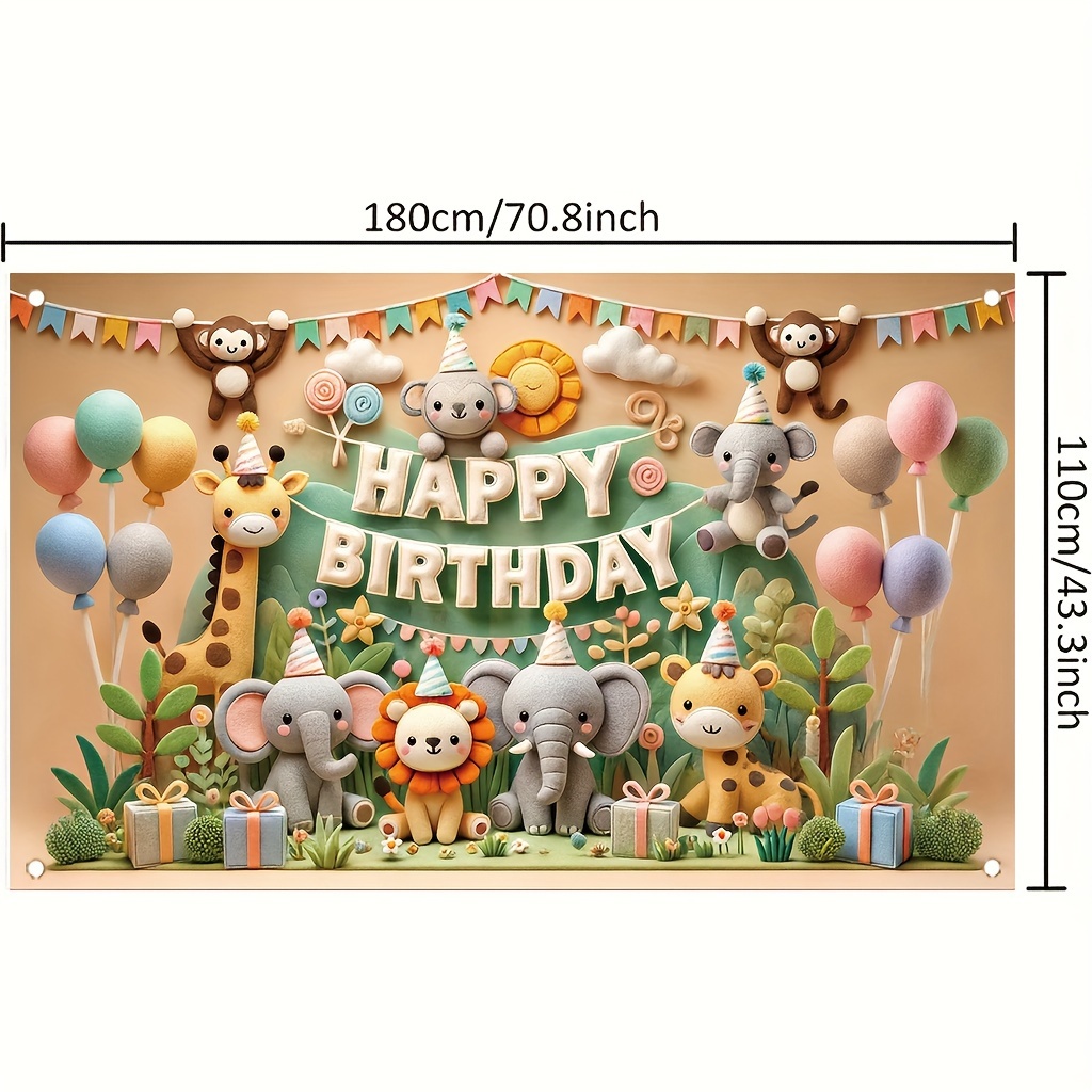 TEMU Polyester Happy Birthday Banner With Jungle Animals - 1pc, 71x43 Inch, Durable Outdoor & Indoor Party Decoration, Festive Forest Animal Theme, No Power Needed, Versatile Occasion Garden Decor