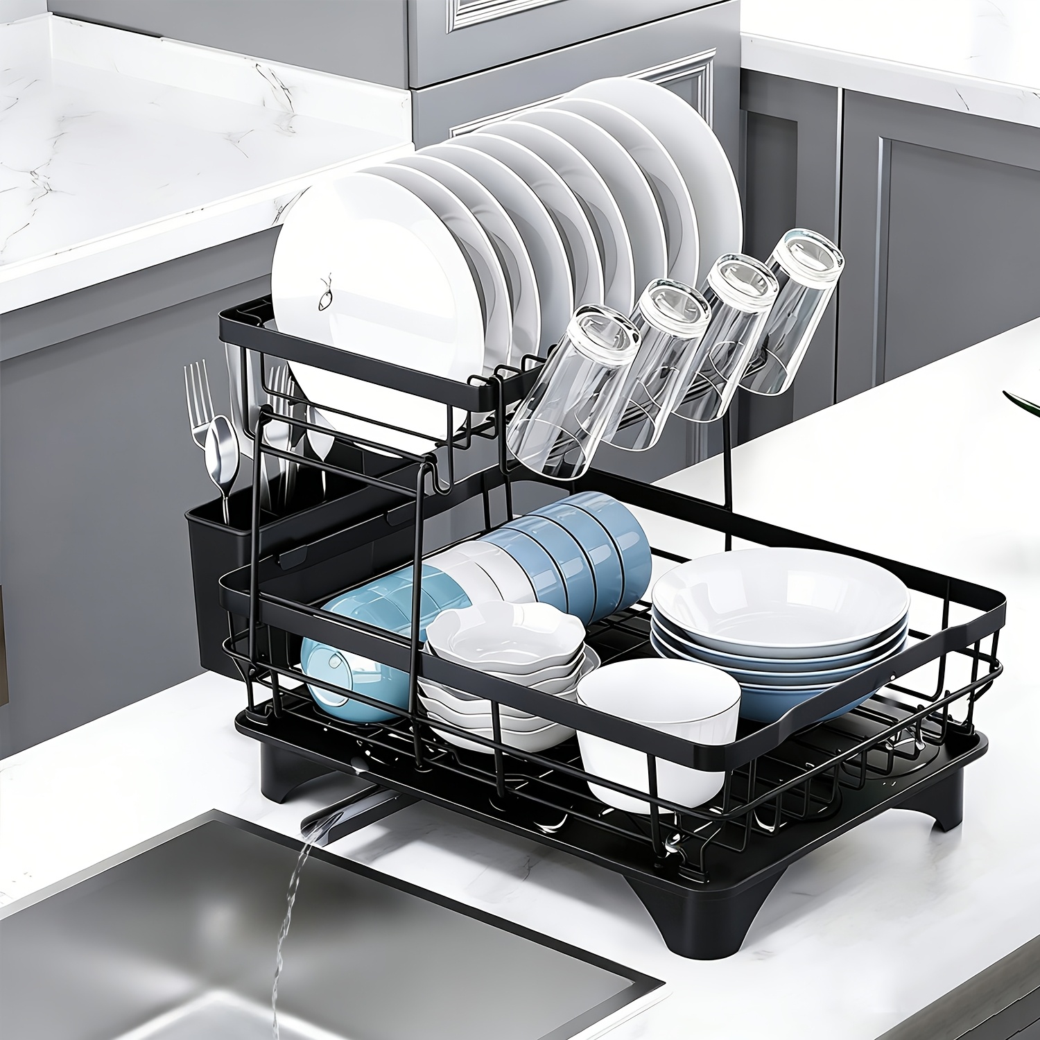 TEMU Égouttoir d'évier double couche, avec égouttoir à couverts, plateau d'égouttage et drain à 360°, conçu pour les , les assiettes et les tasses,