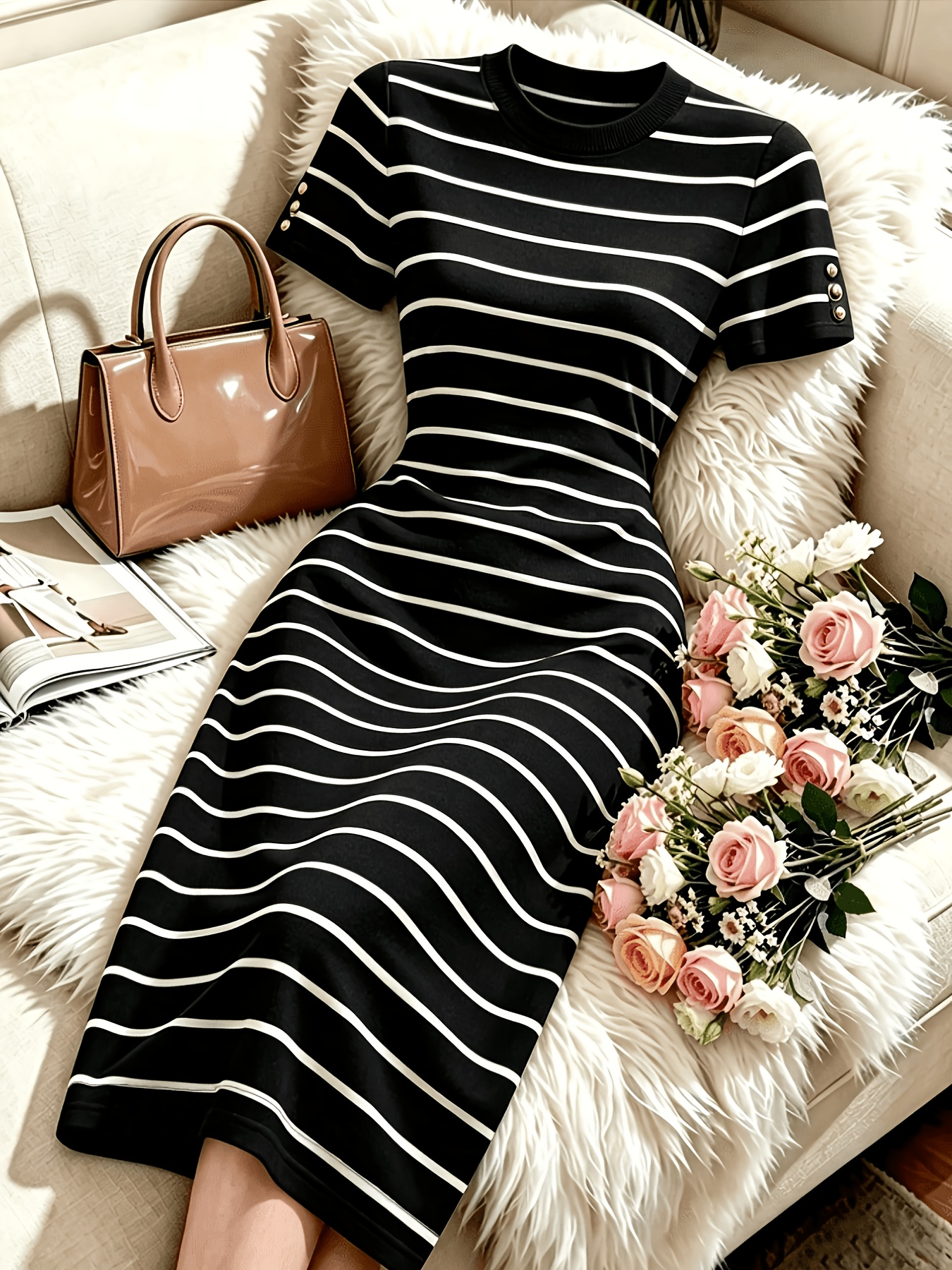 imagen del artículo vestido de mujer  , a rayas  , cuello  , manga corta, cintura ceñida,   media