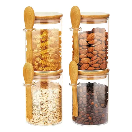 18 oz set of 4 6 airtight glass jars with bamboo lid and spoons food storage container with labels overnight oats containers with lids for flour sugar tea candy cereal coffee