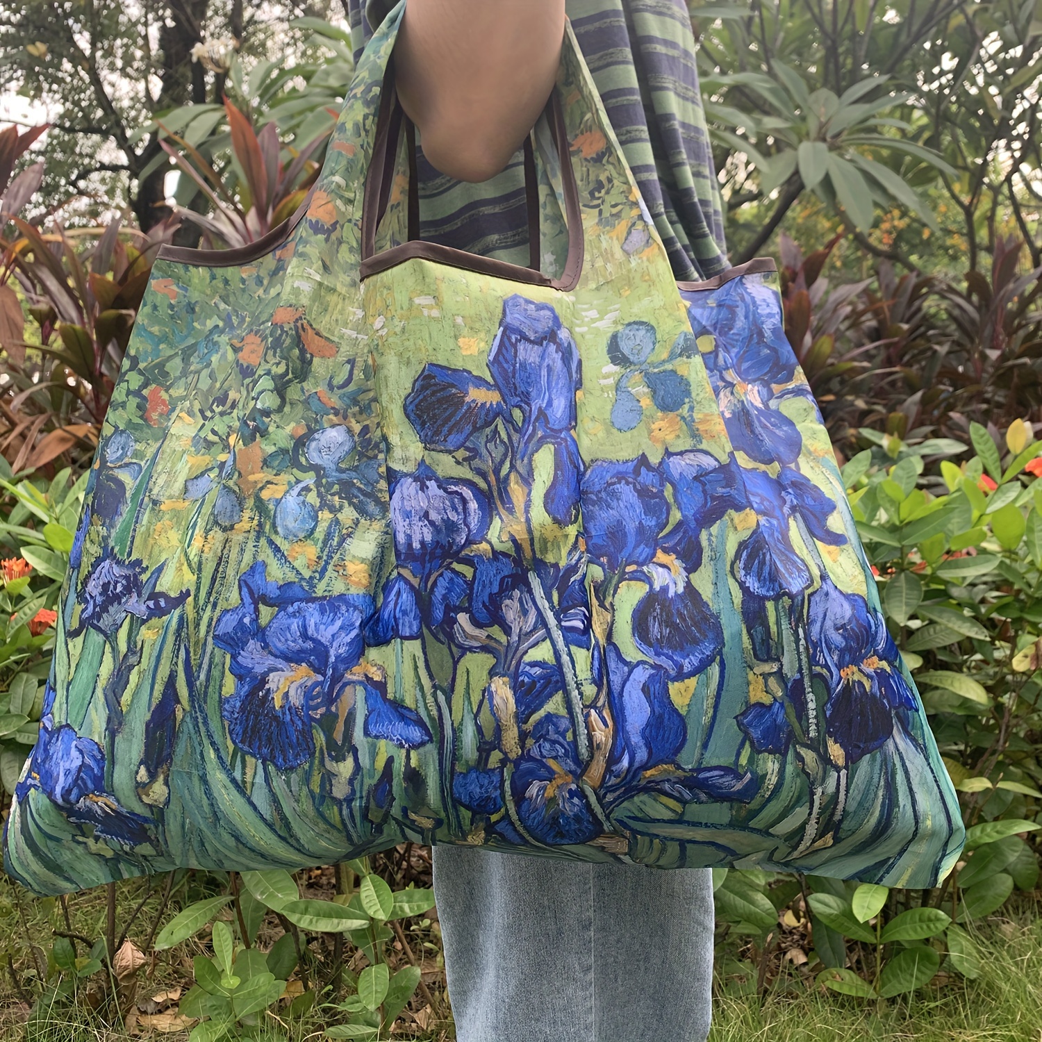 Image of High-quality Nylon Shopping Bag With Oil Painting Design - Reusable, Durable Grocery Tote For Travel & Picnics, Includes Wrist Strap