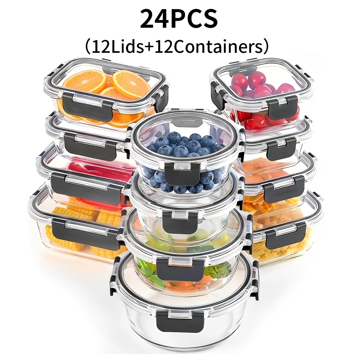TEMU 24pcs Glass Food Storage Containers With Lids, Meal Prep, Pantry Kitchen Storage Containers For Lunch, Leak Proof, Airtight Glass Lunch Bento