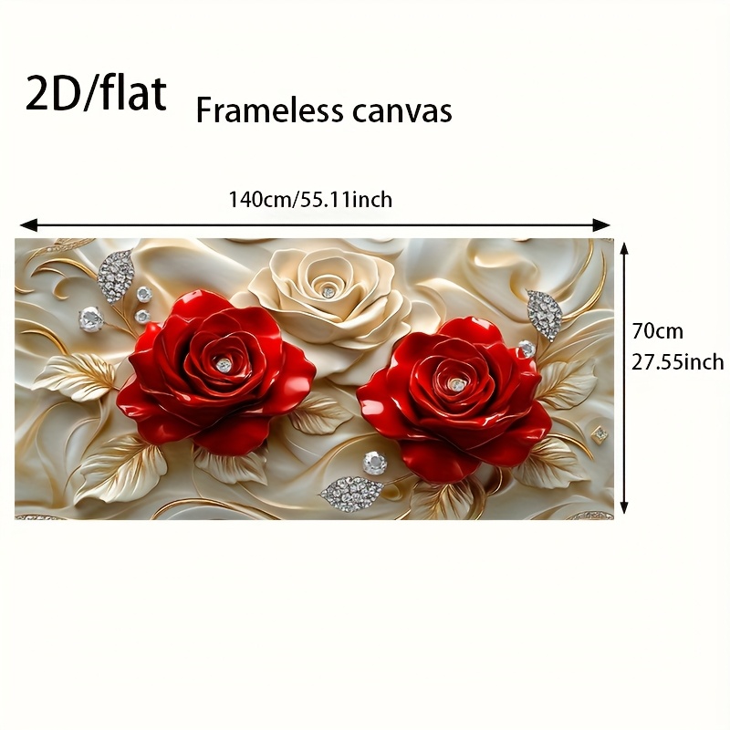 TEMU [2d Flat] 1pc Modern Red Roses Wall Art - Large Floral Painting Poster (27, 55x55, 11in / 70x140cm) - Elegant Red Roses In Golden Background -