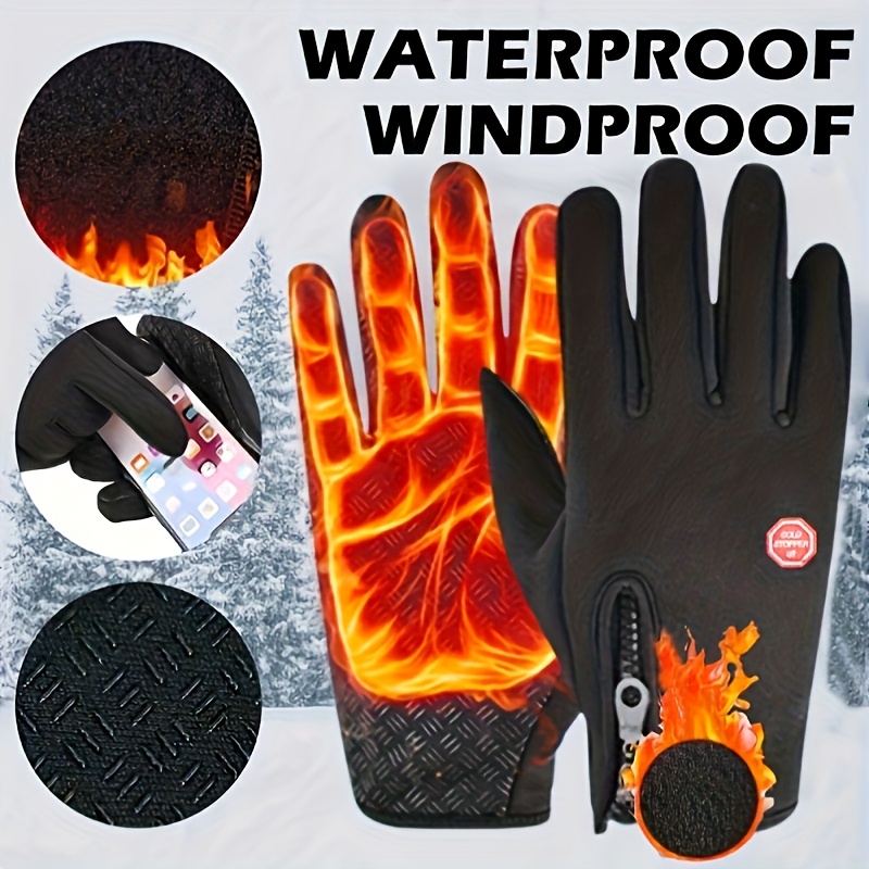 

Men's Touchscreen Winter Gloves, Waterproof, Warm, , With , Polyester Knit Fabric, With Zipper Closure, For Outdoor Activities, Ideal For Skiing, Snowboarding, Cold Weather Commuting