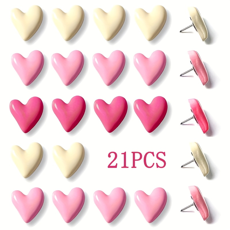 Image of Set Of 21 Colorful Heart-shaped Push Pins, Ideal For Embellishing Bulletin Boards At Home Or In The Workplace. From Durable Abs Material, Pins Are For Arranging Photos And Artwork