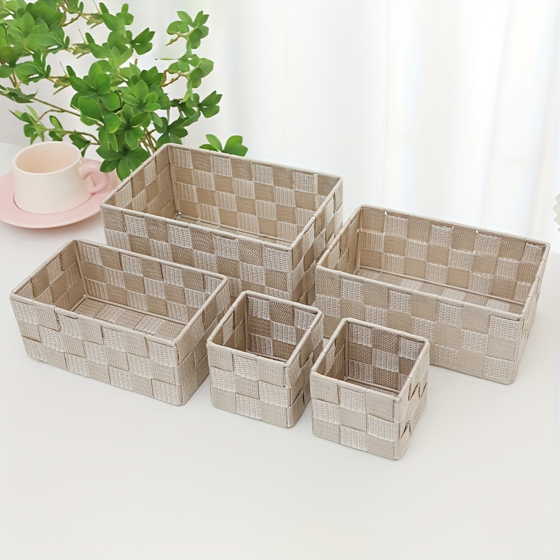 

5pcs Set Nylon Baskets For Desk Organization - Multipurpose Rectangular Organizer For Cosmetics, Stationery & Snacks - Home