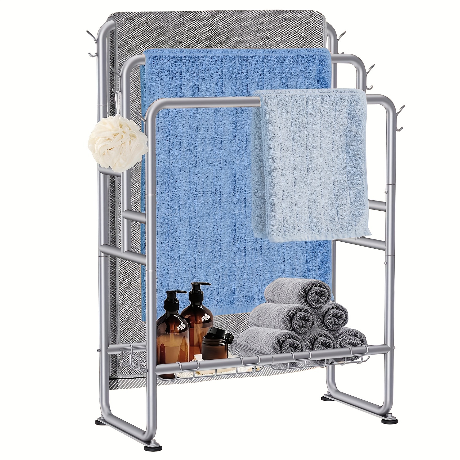 3-Tier Towel Rack Freestanding Bath Towel Holder Stand with Storage Baskets  Hooks Blanket Drying Rack for Oversized Bath Towels Metal To