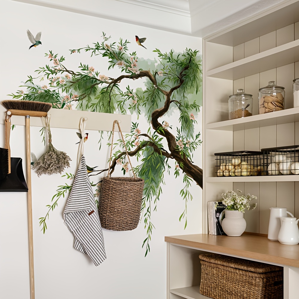 2pcs 30x59.8 Inch Spring Willow Warbler Stickers, Dynamic Fresh Atmosphere, Self-adhesive Easy To Apply, Wall Chinese Style Decoration