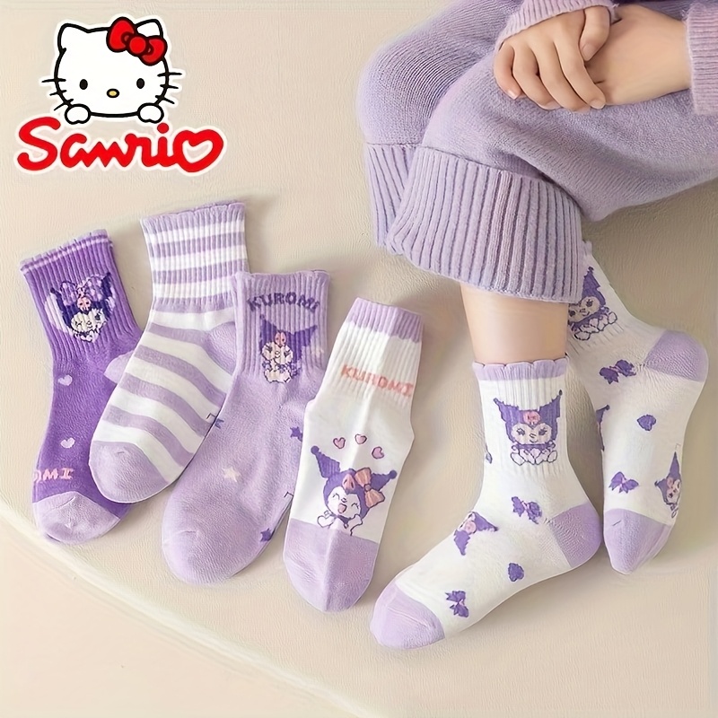 Image of 5 Pairs Of Girls' Socks For Spring, Summer, And Autumn, New Styles For Babies And Children, Featuring Princess Designs And Medium-length Socks With 's Kuromi