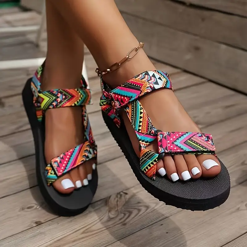 womens bohemian style lightweight flat sandals with adjustable straps breathable linen fabric non slip rubber sole floral print summer casual travel essentials thin strap design comfy round toe shoes vacation shoes Product details 1