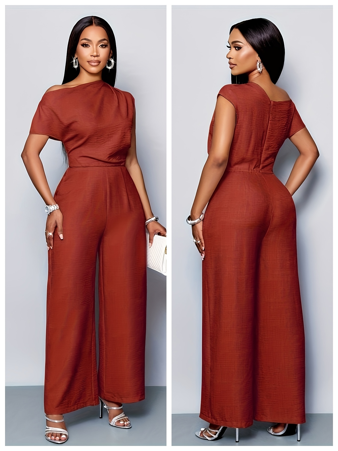 A Stylish And Elegant One-Shoulder Solid Color Jumpsuit Is Perfect for Casual Holiday Gatherings