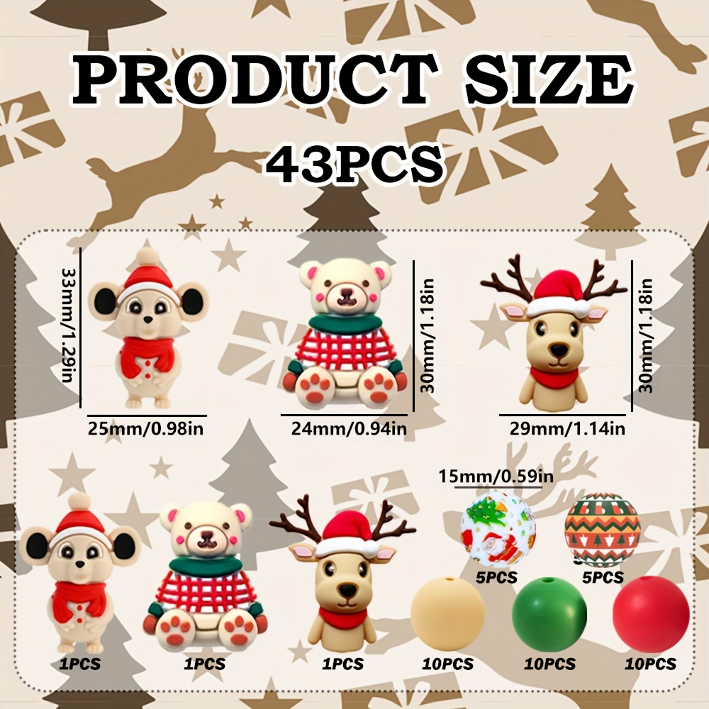 TEMU 43pcs Silicone Beads Featuring 3d Santa Claus And Christmas Tree Designs, Along With Reindeer-shaped Silicone Loose Beads. Colorful Round Beads