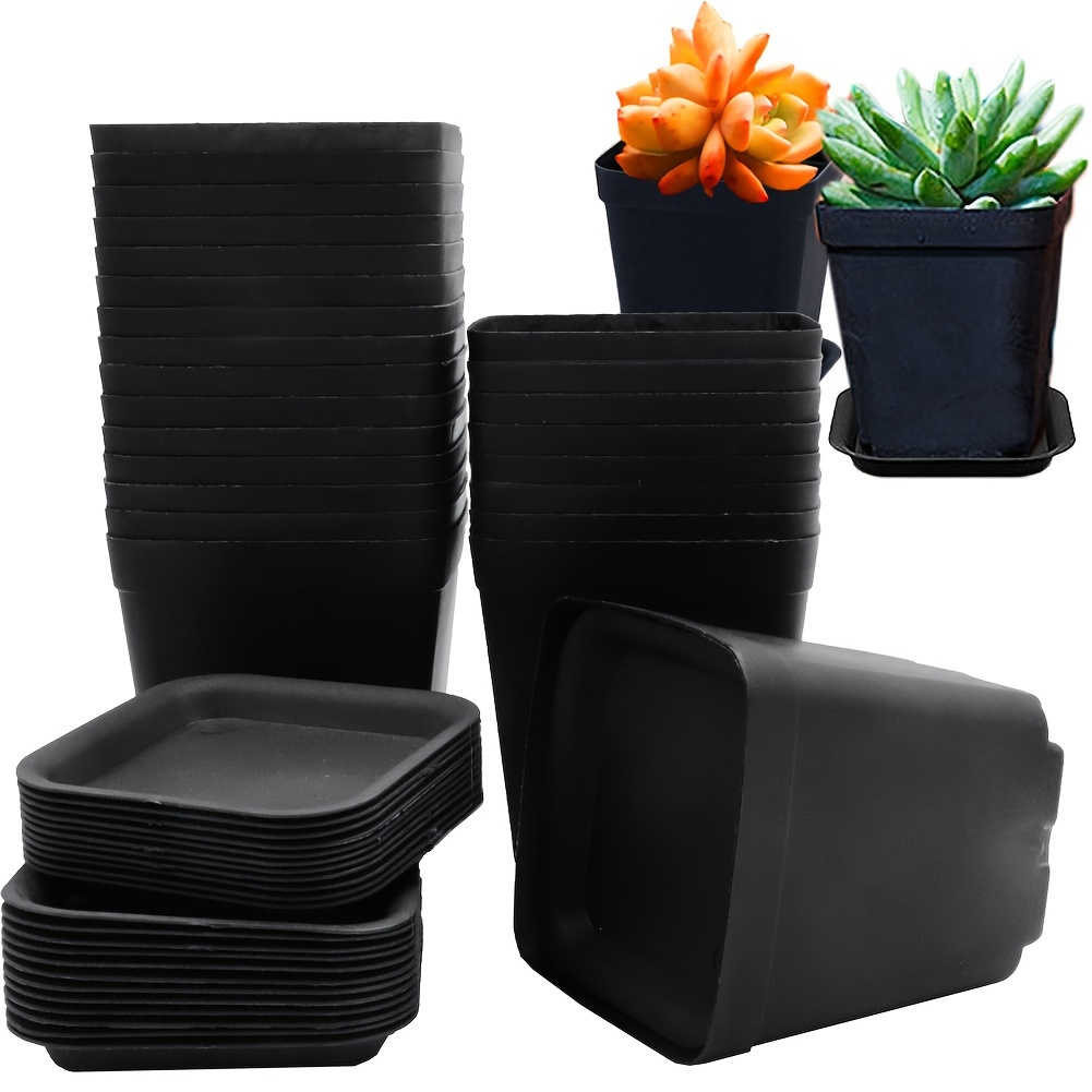 

24pcs, 3" Black Nursery Pots Flower Pots Square Plastic Flower Pots Plastic Starter Pots With Saucer Basket Indoor Outdoor For Your Room, Garden Office And Balcony Decor
