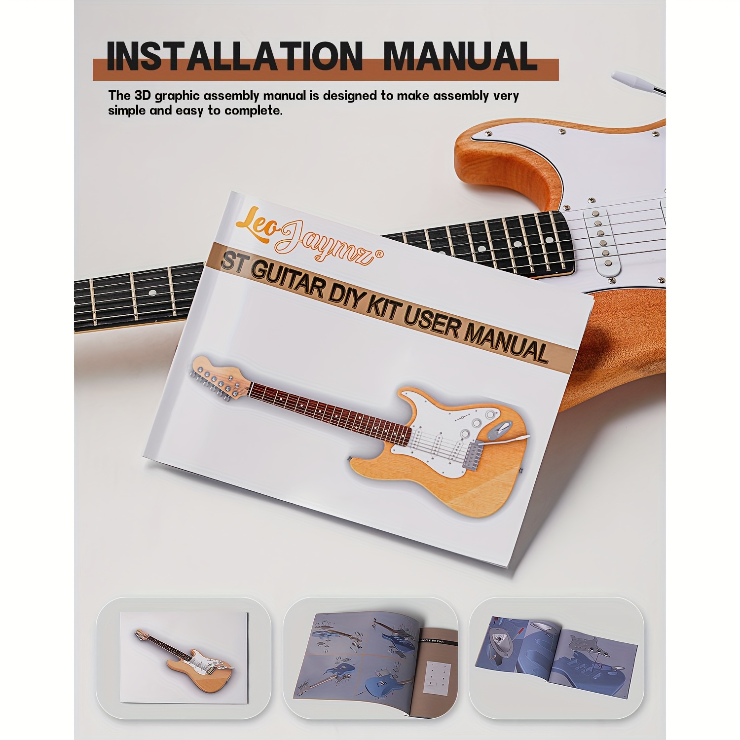 Leo Jaymz 1pc DIY Electric Guitar Kit - S-S-S Pickup Configuration, Ebony Fretboard, Maple Neck, Mahogany Body - Single Tremolo Bridge, 22 Frets, Fully Enclosed Tuning Pegs, Room Electrical Wiring