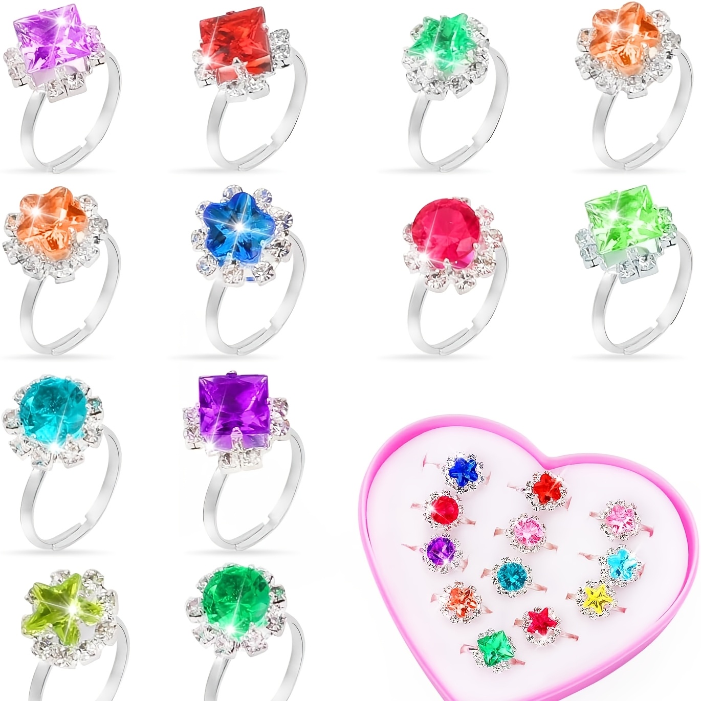 TEMU 8pcs Adjustable Open Band Rings, Assorted Color Flower Square Rings, Random Style Stackable Finger Rings, Trendy Fashion Costume Jewelry Rings