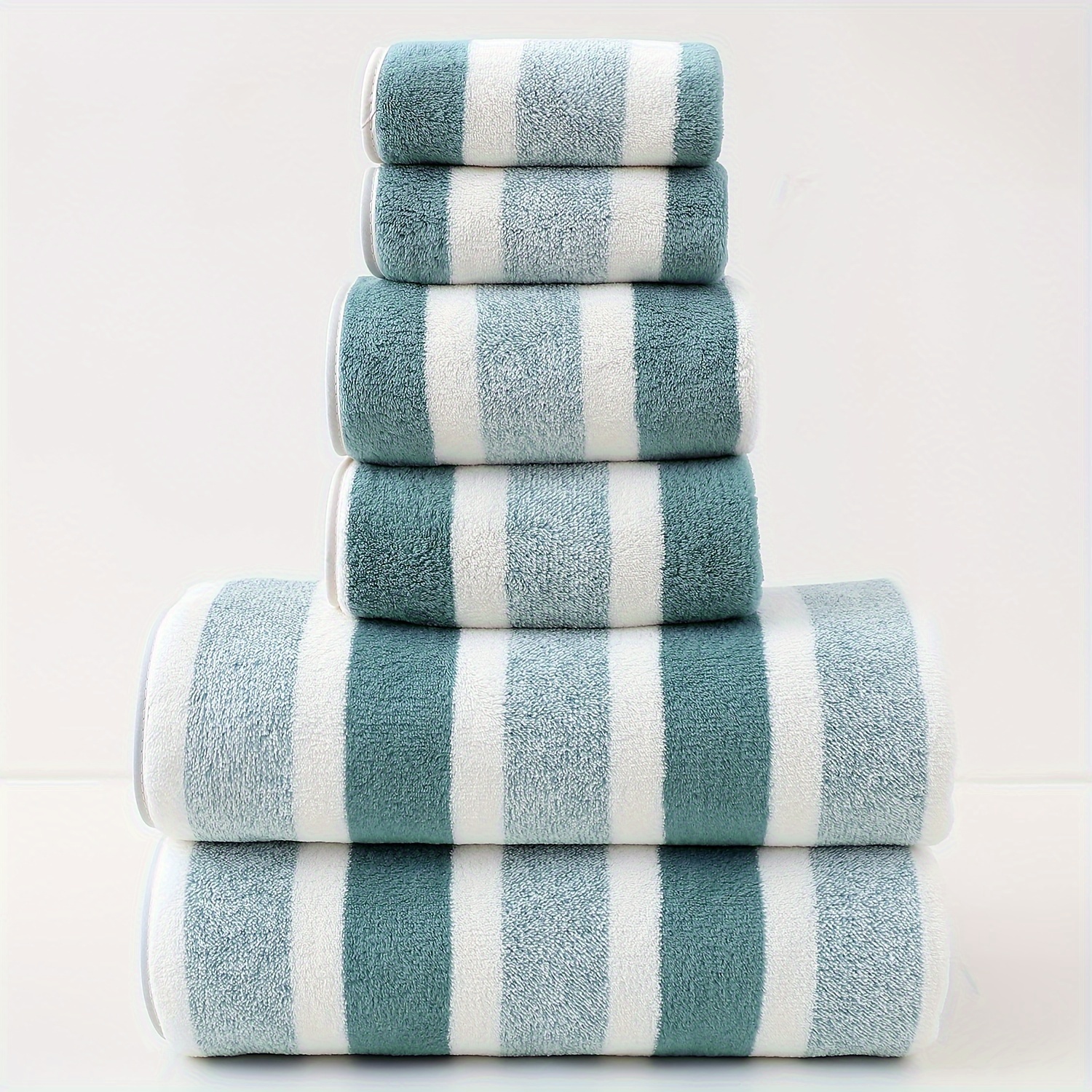 

6pcs Polyester Striped Towel Set, 2 Washcloths & 2 Hand Towels & 2 Bath Towels, Absorbent & Quick-drying Face Towel, Super & Soft & Thickened Bathing Towel, For Home Bathroom, Ideal Bathroom Supplies