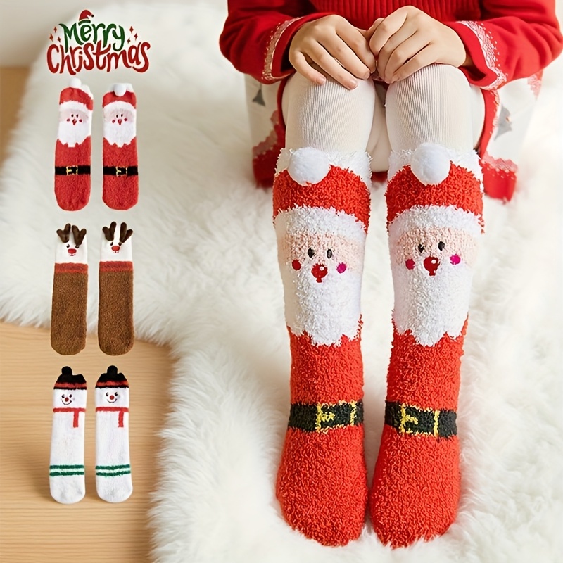 TEMU 3 Pairs Of Christmas Socks, Thick And Medium-sized Socks, Winter Plush Socks, Reindeer, Snowman, Santa Claus Design, Three-dimensional Pattern,