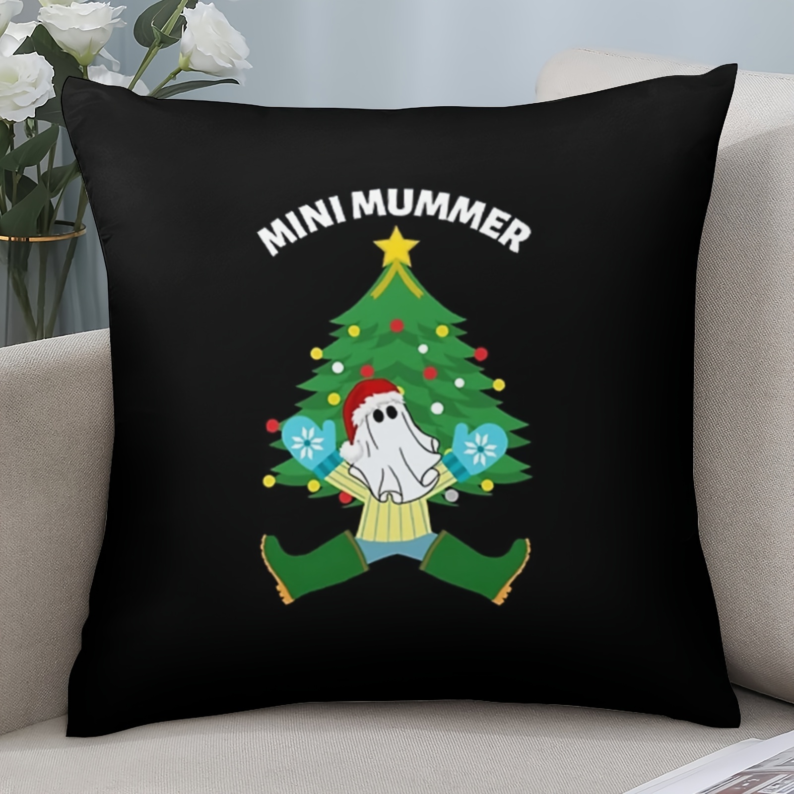 TEMU 1 Housse de Coussin Décorative Mini Noël Déstructurée - 18x18 Pouces, Impression Recto, Doux, Fermeture Éclair, Lavable en Machine - Décoration