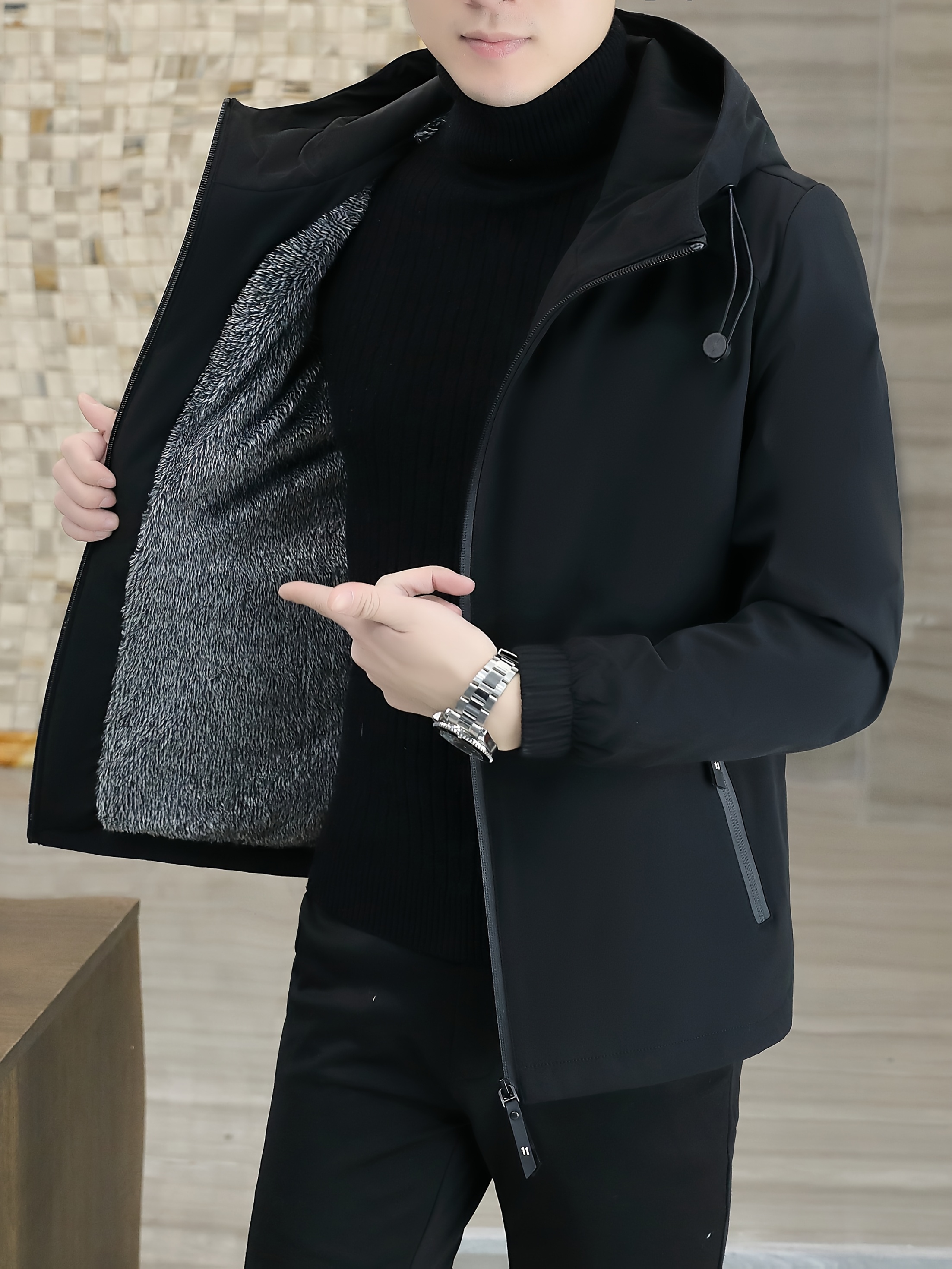 Chaqueta de polar para hombre, abrigo con cremallera resistente al viento para otoño, chaqueta con capucha casual, cálida y moderna, color sólido
