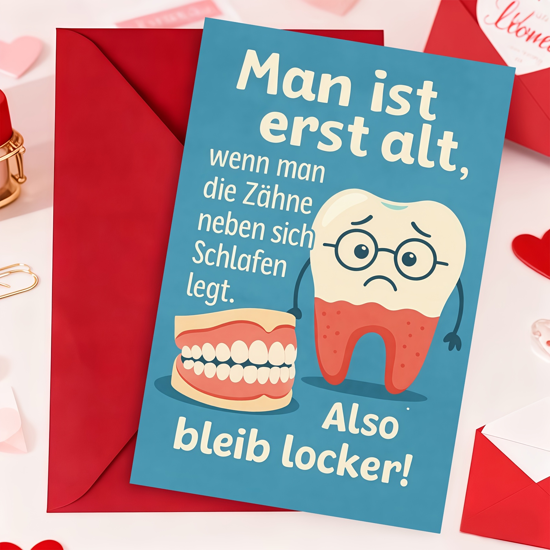 TEMU 1 Set Funny German Birthday Greeting Card, "for Man Ist Erst Alt" Humorous Quote Card, Cartoon Tooth & Denture Design Card, All-purpose Birthday