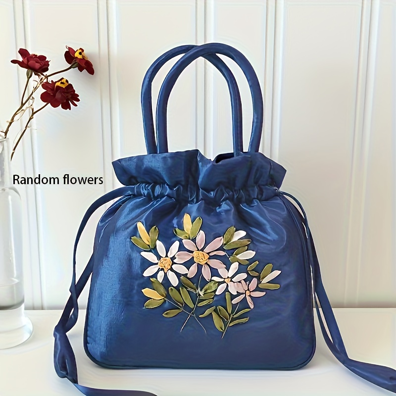 TEMU Bolso de de nailon con bordado de flores aleatorio, elegante y retro, a , para mujer. Bolso de con cordón de gran capacidad, adecuado para