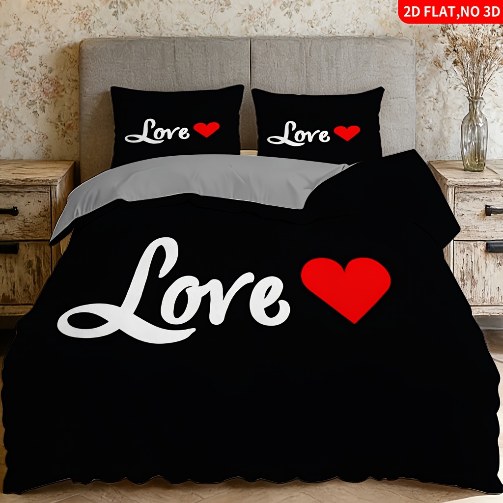 TEMU 2/3pcs Black Background Red Heart Text Print 3pcs Bedding,(1 Duvet Cover And 1/2 Pillowcases,no Filler),queen/full Size/single Bed,ideal For