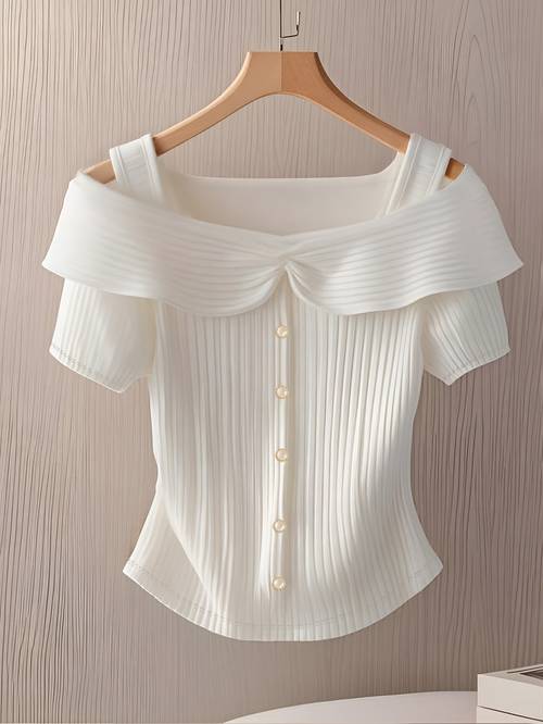 womens fashionable and elegant ruffle trim button fit short sleeve t shirt