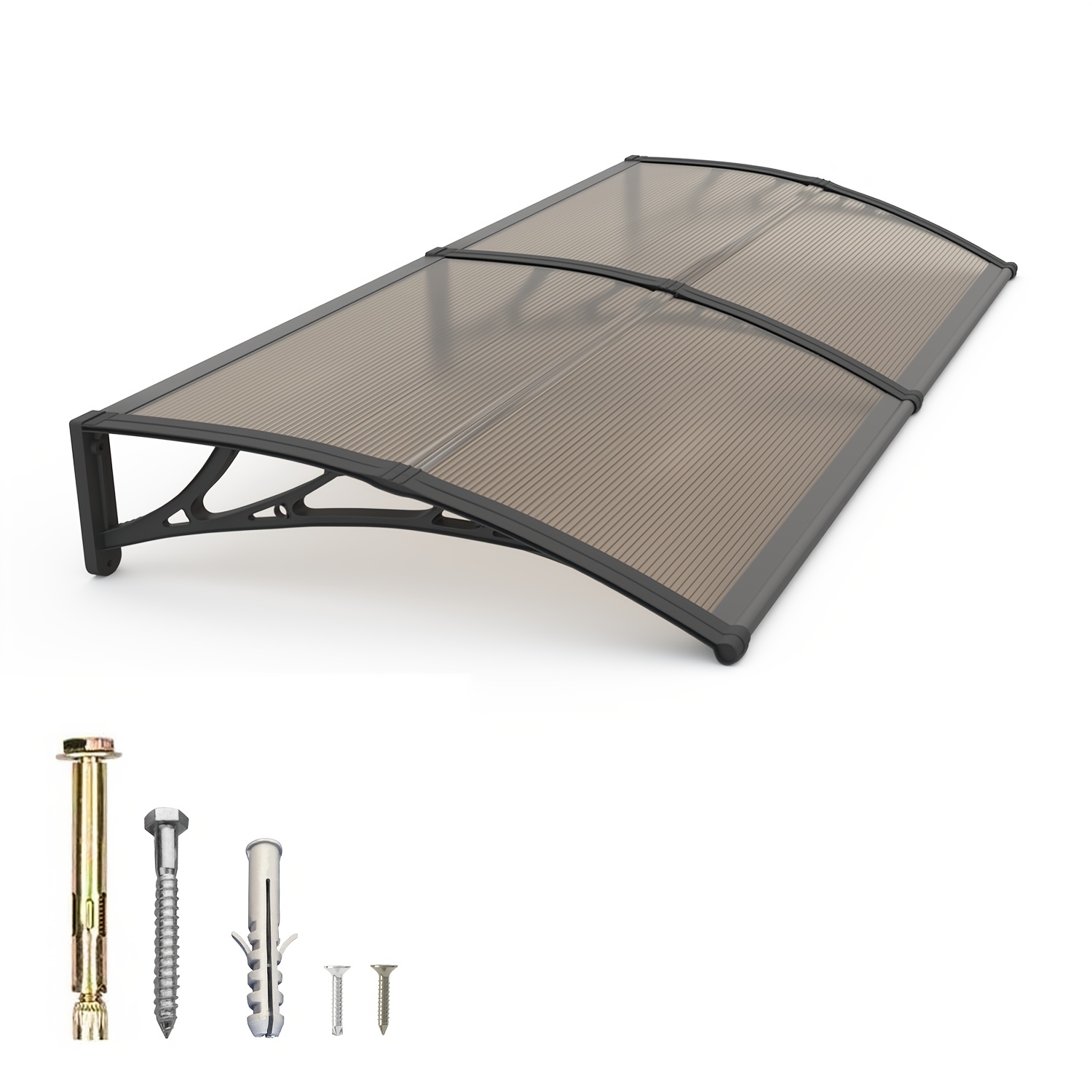 Image of 150x76cm Awning For Windows And Doors, Designed To Provide Shelter From , Rain, Snow, And Sunlight. Features A Polycarbonate Cover With A Black Bracket And A Brown Board, Along With A Clear Panel