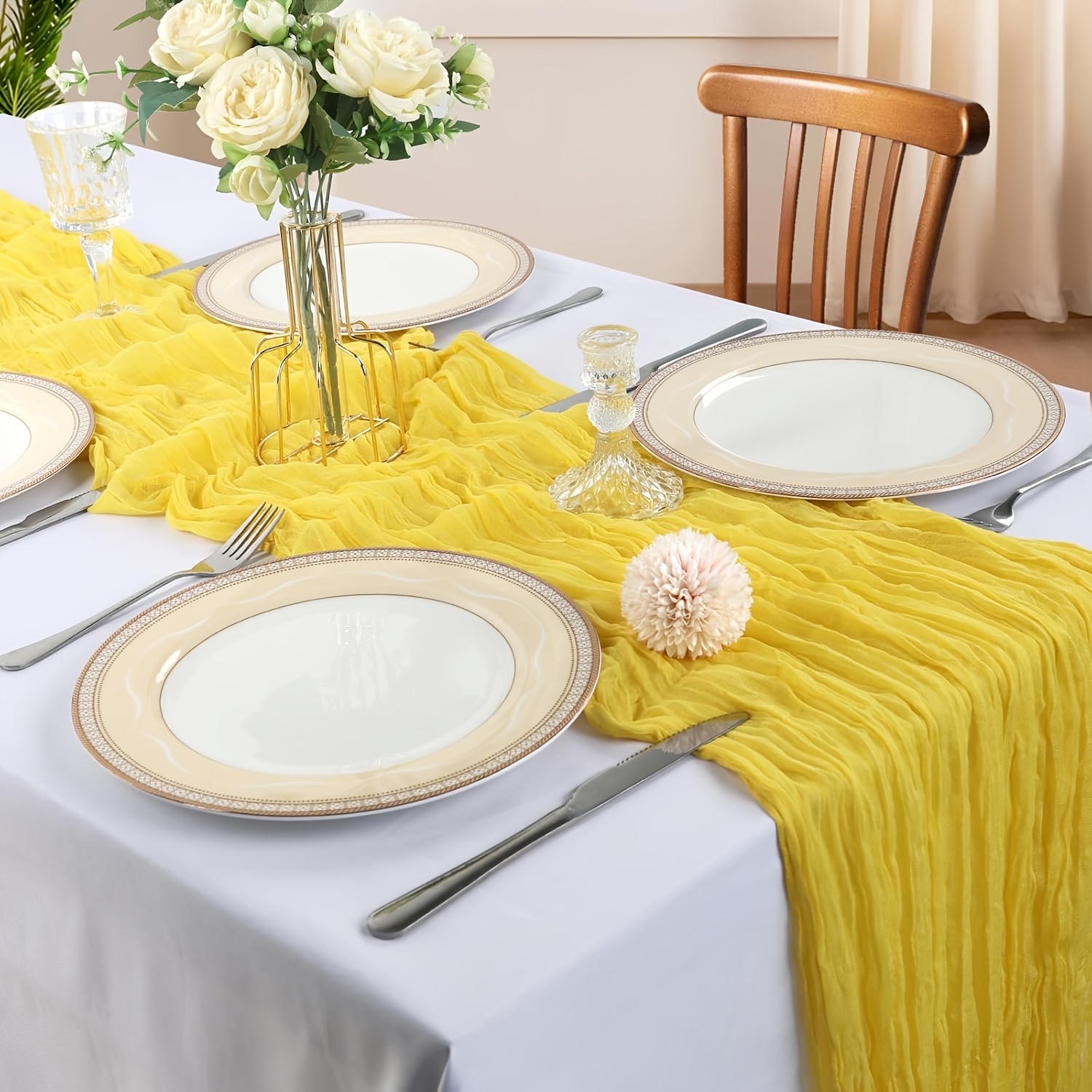 TEMU 1 Pack 10ft Lemon Yellow Cheesecloth Table Runner, 120 Inches Long Gauze Rustic Boho Summer Cheese Cloth Table Runner, Sheer Fabric Decorations
