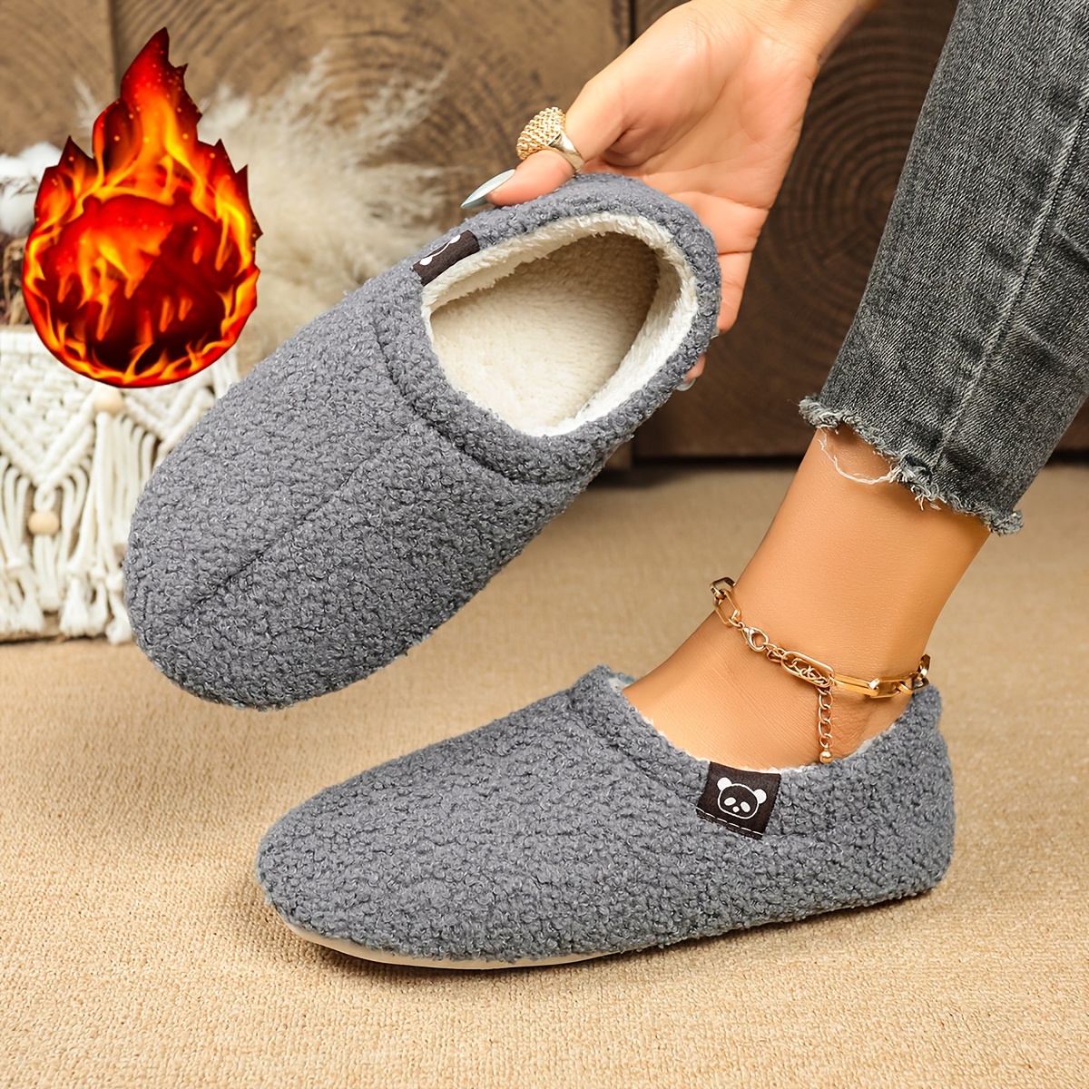 TEMU Pantoufles Ours en Peluche pour Femmes - Pantoufles d'Intérieur Douces en Peluche avec Semelle TPR Convexe Antidérapante, Chaussures de Plage